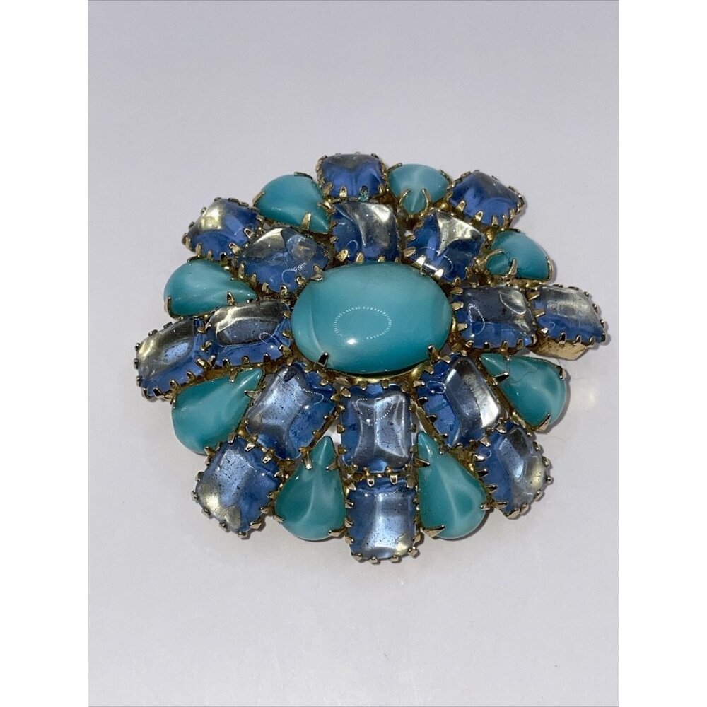 VTG Opalescent Cabochon Ocean Blue Domed Prong Set Brooch Pin Gold Tone READ  A7